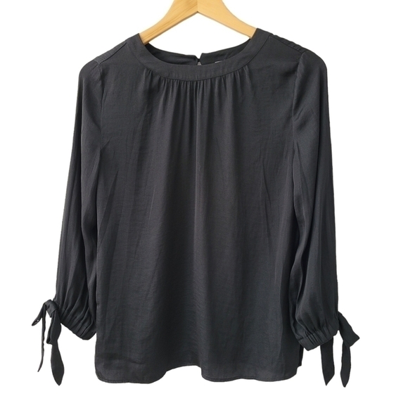 𝅺LOFT Long Sleeve Blouse Black Keyhole Faux Tie Oversized Loose Suit Blouse XS - Picture 1 of 7